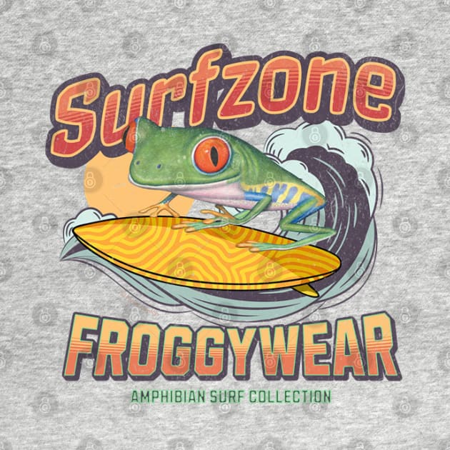 Funny Cute Red Eyed Tree Frog Surfing by Danny Gordon Art